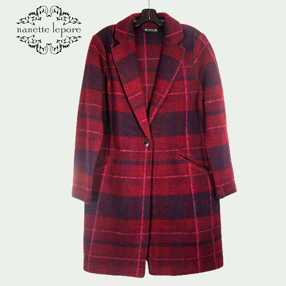 Nanette Lepore NWT Wool Blend Plaid Long Coat Pink Red Purple Size M